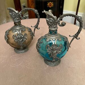 SET OF 2! 19th C. GERMAN PEWTER CHERUB GLASS CLARET DECANTERS